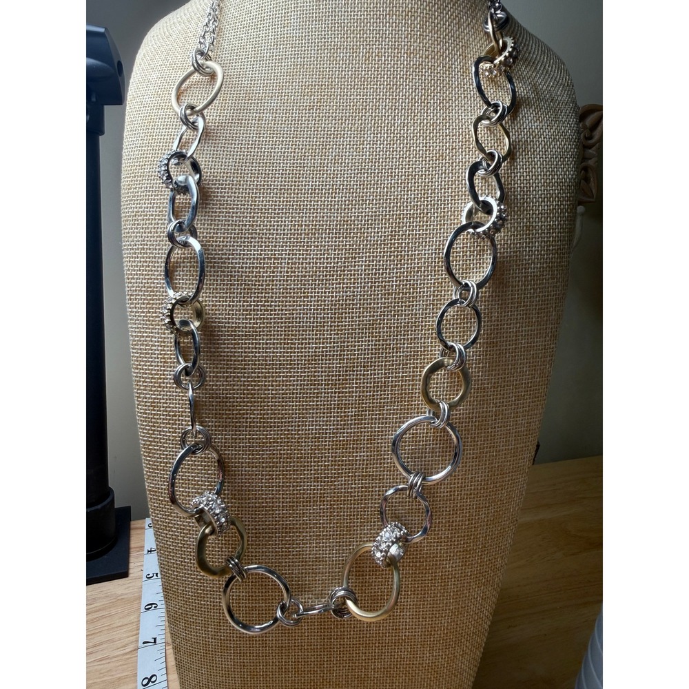 Silver Gold Tone Rhinestone Interlocking Circle Link Necklace Long Chain Glam